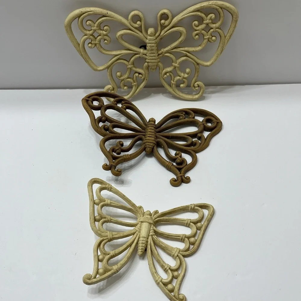 VTG Homco Butterflies Wall Decor Boho Faux Wood Rattan 1970s USA MCM - Set of 3